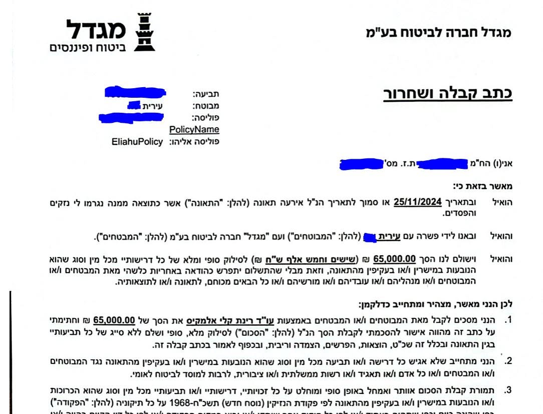 כתב קבלה ושחרור על פשרה בסך 65,000 ₪ בתביעת נזיקין