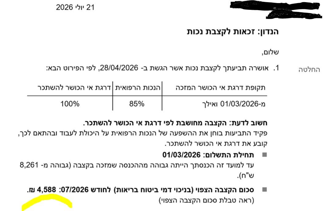 מכתב החלטה של המוסד לביטוח לאומי בדבר זכאות לקצבת נכות כללית בשיעור 100% בסך 4,588 ₪