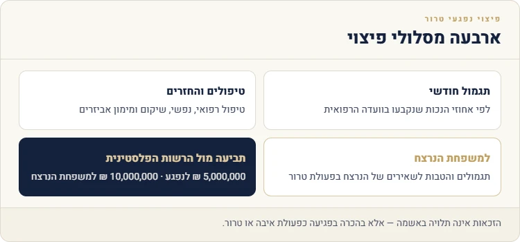 ארבעה מסלולי פיצוי לנפגעי טרור: תגמול חודשי, טיפולים והחזרים, תגמולים למשפחת הנרצח, ותביעה מול הרשות הפלסטינית — 5,000,000 ש"ח לנפגע ו-10,000,000 ש"ח למשפחת הנרצח